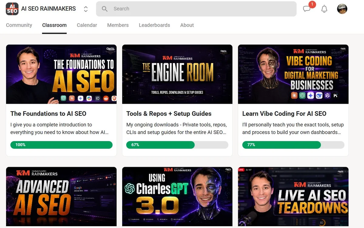 AI SEO course classroom of AI SEO Rainmakers on Skool: course tiles including The Foundations to AI SEO, The Engine Room, Advanced AI SEO and CharlesGPT