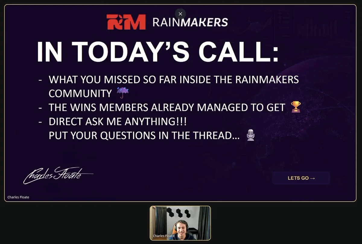 AI SEO course weekly live call slide from AI SEO Rainmakers, with Charles Floate: what you missed, member wins, direct ask me anything