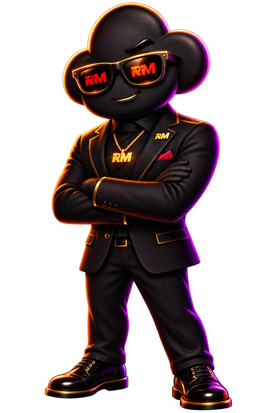 AI SEO Rainmakers mascot in a black suit with RM sunglasses